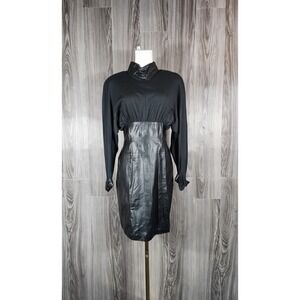 Phoenix Vintage Black Faux Leather 80s ROCK RETRO High Neck Sheath Dress Sz 7/8